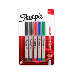 Sharpie Permanent Ultra-Fine Point Markers, Assorted Colors, Pack Of 5 Markers