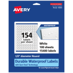 Avery Waterproof Permanent Labels With Sure Feed, 94503-WMF100, Round, 1/2in Diameter, White, Pack Of 15,400