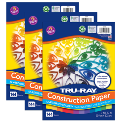 Pacon Tru-Ray Color Wheel Paper Assortment, 9in x 12in, Assorted Colors, 144 Sheets Per Pack, Set Of 3 Packs