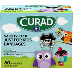 CURAD Just For Kids Bandages, 4 Themes, Assorted Sizes, 80 Bandages Per Box, 24 Boxes Per Case