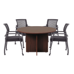 Boss Office Products 47in Round Table And Mesh Guest Chairs With Casters Set, Mahogany/Black