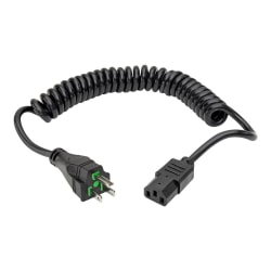 Eaton Tripp Lite Series Hospital-Grade Power Cord, NEMA 5-15P to C13 - Green Dot, 10A, 125V, 18 AWG, 8 ft. (2.43 m) Coiled Cord, Black - Power cable - power IEC 60320 C13 to NEMA 5-15P (M) - AC 110 V - 10 A - 8 ft - coiled, molded - black