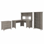 Bush Furniture Salinas 60inW L Shaped Desk with Hutch, Lateral File Cabinet and 5 Shelf Bookcase, Driftwood Gray, Standard Delivery