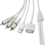 4XEM Apple 30-Pin To RCA Composite Audio/Video Plus USB Charging, 5.91ft, White/Red/Yellow