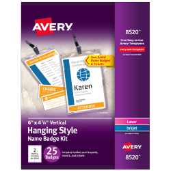 Avery Vertical Name Badge Kit, 6in x 4 1/4in, 8520, White, Pack Of 25 Badges