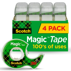 Scotch Magic Tape with Dispenser, Invisible, 3/4 in x 300 in, 4 Tape Rolls, Clear, Home Office and School Supplies