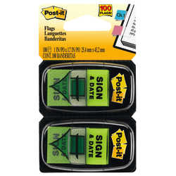 Post-it Notes Sign & Date Printed Flags, 1in x 1-7/10in, Green, 50 Flags Per Pad, Pack Of 2 Pads