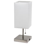 Simple Designs Petite Stick Lamp With USB Charging Port, 14-1/4inH, Brushed Nickel Base/White Shade