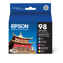 Epson 98 Claria High-Yield Cyan, Light Cyan, Magenta, Light Magenta, Yellow Ink Cartridges, Pack Of 5, T098920