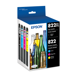 Epson 822XL/822 High-Yield Black And Cyan, Magenta, Yellow Ink Cartridges, Pack Of 4