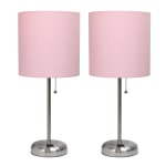 LimeLights Stick Desktop Lamps With Charging Outlets, 19-1/2in, Light Pink Shade/Brushed Nickel Base, Set Of 2 Lamps