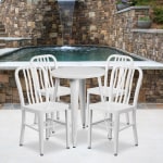 Flash Furniture Commercial-Grade Round Metal Indoor/Outdoor Table Set With 4 Vertical Slat-Back Chairs, White