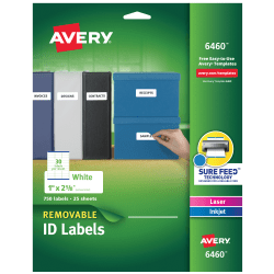 Avery Removable Laser/Inkjet ID Labels, 6460, Organization, 1in x 2 5/8in, White, Pack Of 750