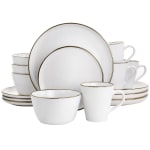 Elama Arthur 16-Piece Stoneware Dinnerware Set, Matte White/Gold