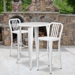 Flash Furniture Commercial-Grade Round Metal Indoor/Outdoor Bar Table Set With 2 Vertical Slat-Back Stools, White