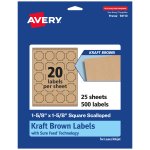 Avery Kraft Permanent Labels With Sure Feed, 94110-KMP25, Square Scalloped, 1-5/8in x 1-5/8in, Brown, Pack Of 500