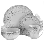 Gibson Platinum Dots 16-Piece Round Ceramic Dinnerware Set, White/Silver