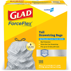 Glad ForceFlex Tall Kitchen Drawstring Trash Bags, 13 Gallon, Grey, Box Of 100