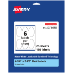 Avery Permanent Labels With Sure Feed, 94058-WMP25, Oval, 4-1/4in x 2-1/2in, White, Pack Of 150