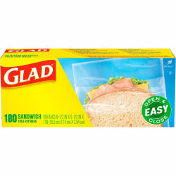 Glad Food Storage Bags - Sandwich Fold Top - 6.50in Width x 5.50in Length - Zipper Closure - Clear - Plastic - 1/Box - 180 Per Box - Multipurpose