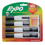 EXPO Magnetic Dry Erase Markers With Eraser, Chisel Tip, Black Ink, Pack Of 4