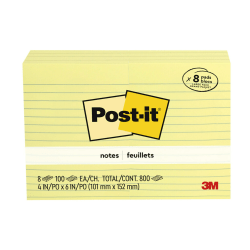 Post-it Notes, 4 in x 6 in, 8 Pads, 100 Sheets/Pad, Clean Removal, Canary Yellow, Lined