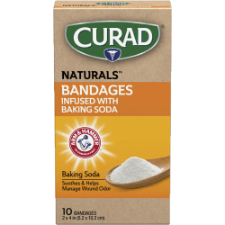 Curad Naturals Bandages Infused With Baking Soda, 4in x 4in, Beige, 10 Bandages Per Pack, Set Of 24 Packs