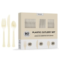 Amscan 8016 Solid Heavyweight Plastic Cutlery Assortments, Vanilla Creme, 80 Pieces Per Pack, Set Of 2 Packs