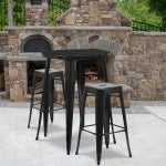 Flash Furniture Commercial-Grade Round Metal Indoor/Outdoor Bar Table Set With 2 Square-Seat Backless Stools, Black