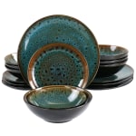 Gibson Elite Kyoto Double Bowl 16-Piece Stoneware Dinnerware Set, Teal/Brown