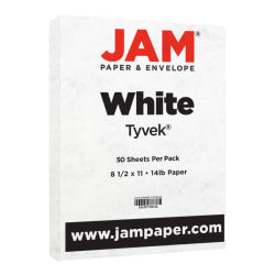 JAM Paper Tyvek Letter Card Stock, White, Letter (8.5in x 11in), 14 Lb, Pack Of 50