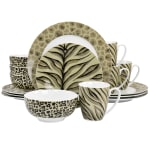 Gibson Home 16-Piece Fine Ceramic Jungle Dinnerware Set, Brown