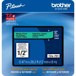 Brother TZE731CS Genuine P-Touch Laminated Label Tape, 1/2in x 26-1/4ft, Black/Green