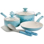 Spice by Tia Mowry Savory Saffron 7-Piece Ceramic Non-Stick Aluminum Cookware Set, Light Blue