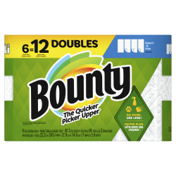 Bounty Select-A-Size 2-Ply Paper Towels, Double Rolls, 6in x 11in, White, 90 Sheets Per Roll, Pack Of 6 Rolls