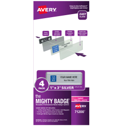 Avery The Mighty Badge Magnetic Badges For Laser Printers, 1in x 3in, Silver, Pack Of 4