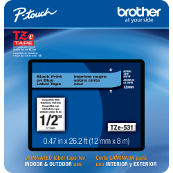 Brother TZE531CS Genuine P-Touch Laminated Label Tape, 1/2in x 26-1/4ft, Black/Blue