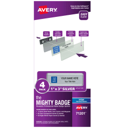 Avery The Mighty Badge Magnetic Badges For Inkjet Printers, 1in x 3in, Silver, Pack Of 4 Badges