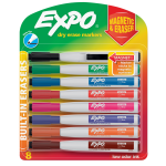 EXPO Magnetic Dry Erase Markers With Eraser, Fine Tip, Assorted Ink Colors, Pack Of 8