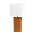 Elegant Designs Modern Leather/Fabric Desk Lamp With USB Port, 21inH, White Shade/Tan Base