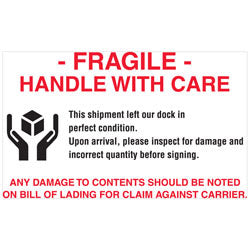 Tape Logic Preprinted Pallet Protection Labels, DL3191, 6in x 4in, "Fragile / Handle With Care / Any Damage To Contents Should Be Noted," Red/White, Roll Of 500