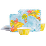 Gibson Laurie Gates Tropicalla 12-Piece Square Melamine Dinnerware Set, Blue