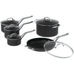 Starfrit The Rock 10-Piece Cookware Set with Stainless Steel Handles - 1 quart Saucepan, 2 quart Saucepan, 3 quart Saucepan, 6 quart Saucepan, Lid, 11in Diameter Frying Pan - Forged Aluminum Base, Steel Handle - Cooking, Frying - Dishwasher Safe - Black