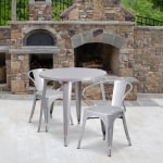 Flash Furniture Commercial Grade Round Metal Indoor-Outdoor Table Set With 2 Arm Chairs, 29-1/2inH x 30inW x 30inD, Silver