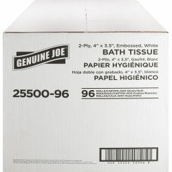 Genuine Joe 2-ply Standard Bath Tissue Rolls - 2 Ply - 4in x 3.20in - 500 Sheets/Roll - 1.63in Core - White - 96 / Carton