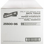 Genuine Joe 2-ply Standard Bath Tissue Rolls - 2 Ply - 4in x 3.50in - 500 Sheets/Roll - 1.63in Core - White - 96 / Carton