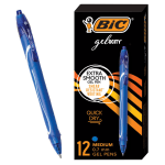 BIC Gel-ocity Quick Dry Retractable Gel Pens, Medium Point, 0.7 mm, Blue Barrel, Blue Ink, Pack Of 12