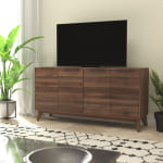 Flash Furniture Hatfield Mid-Century Modern 4-Door Storage TV Stand For 64in TVs, Dark Walnut