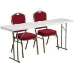 Flash Furniture Plastic Folding Training Table with 2 Crown-Back Stack Chairs, 29inH x 72inW x 18inD, Burgundy/White