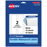 Avery Waterproof Permanent Labels, 94265-WMF10, Rectangle, 11in x 3in, White, Pack Of 20